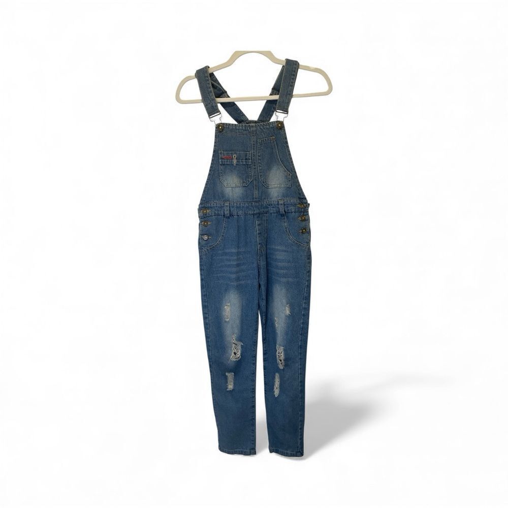 Vintage Girls Jeans Denim Bib  Denim Distressed Overalls size 160/68